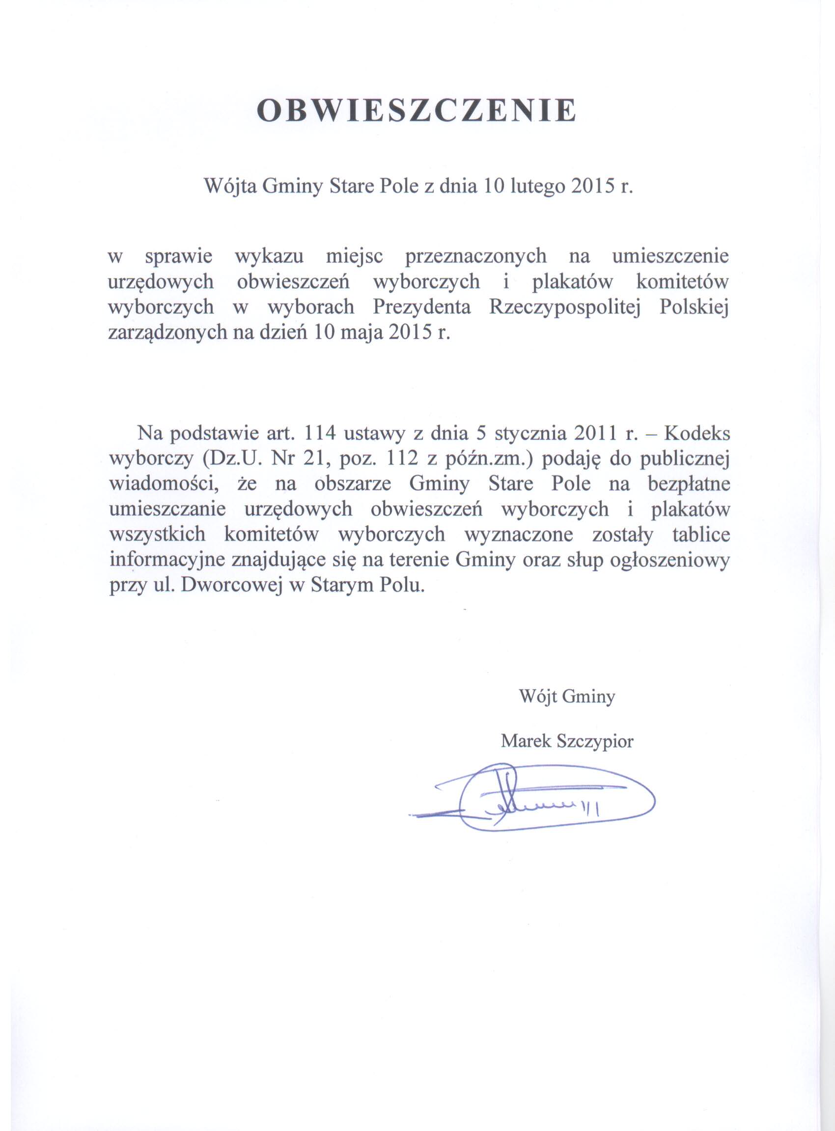 Obwieszczenie Wójta Gminy Stare Pole z dnia 10 lutego 2015 r.