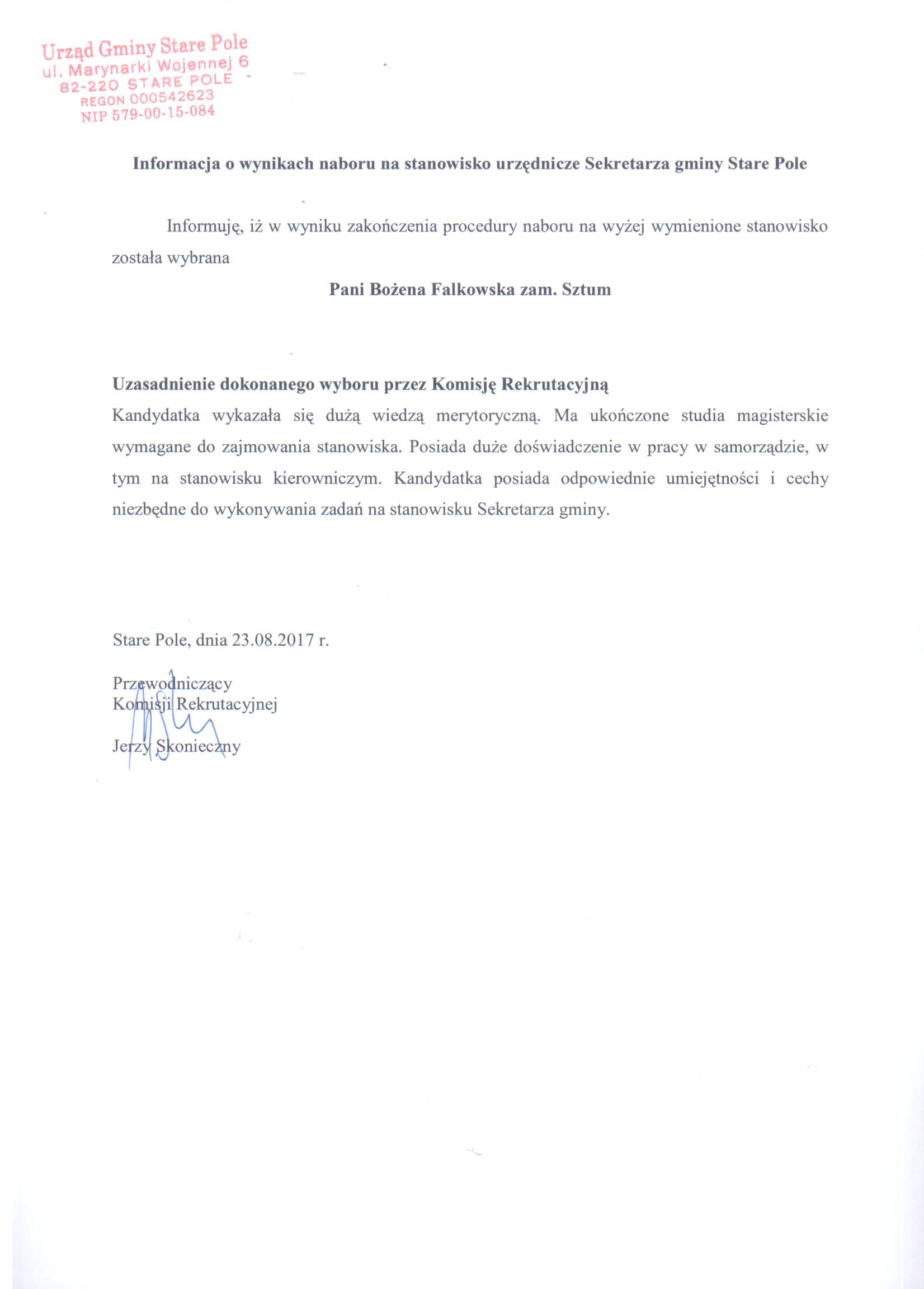 Informacja o wynikach naboru na stanowisko urzędnicze Sekretarza gminy Stare Pole