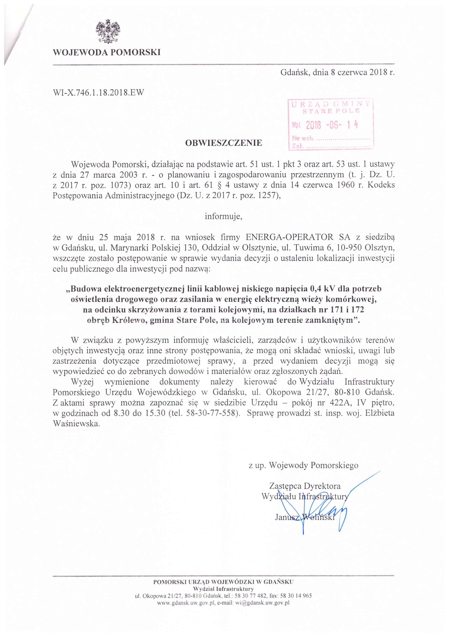Obwieszczenie Wojewody Pomorskiego z dnia 8 czerwca 2018 r. o wszczęciu postępowania