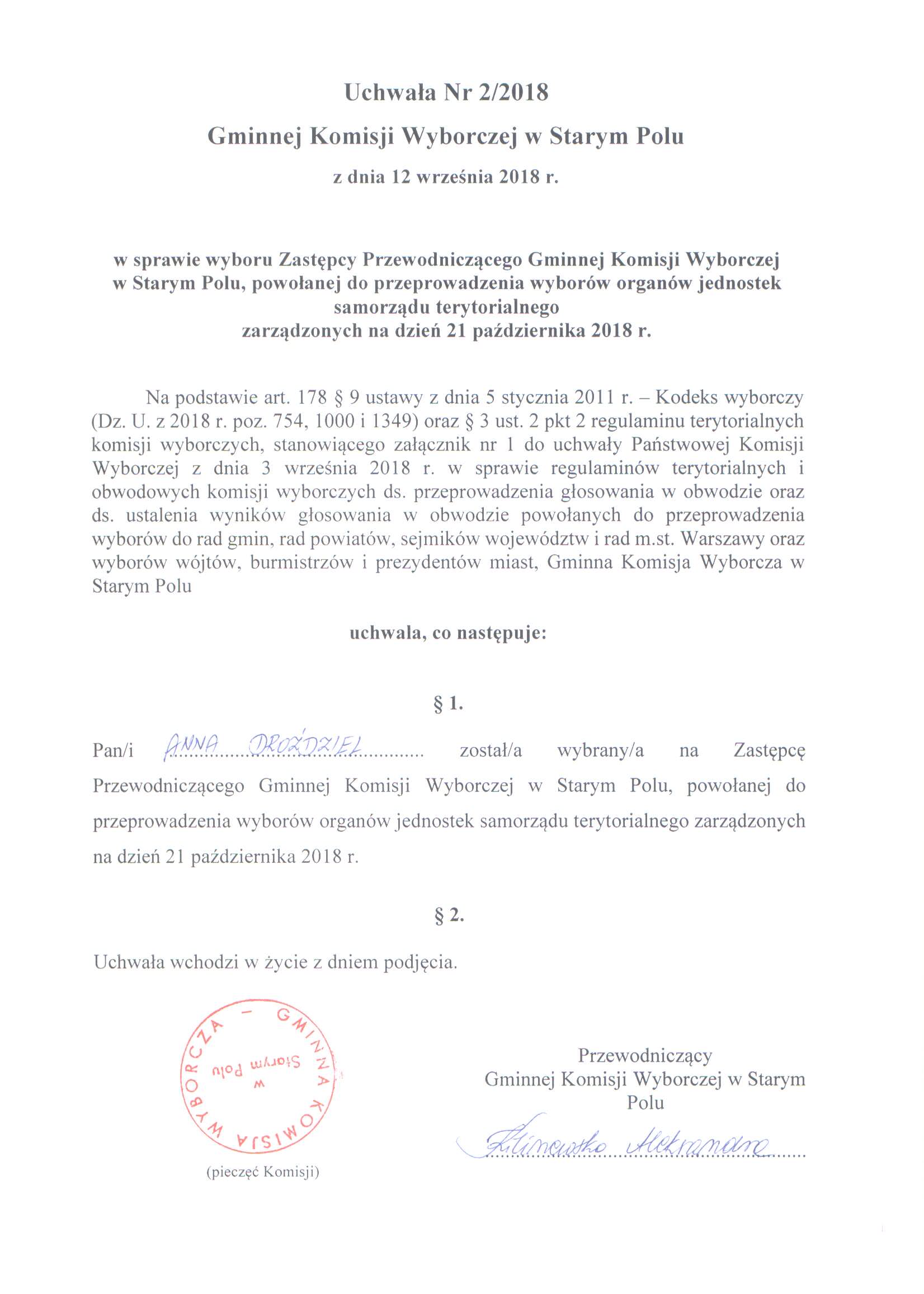 Uchwała Nr 2/2018 Gminnej Komisji Wyborczej w Starym Polu z dnia 12 września 2018 r.
