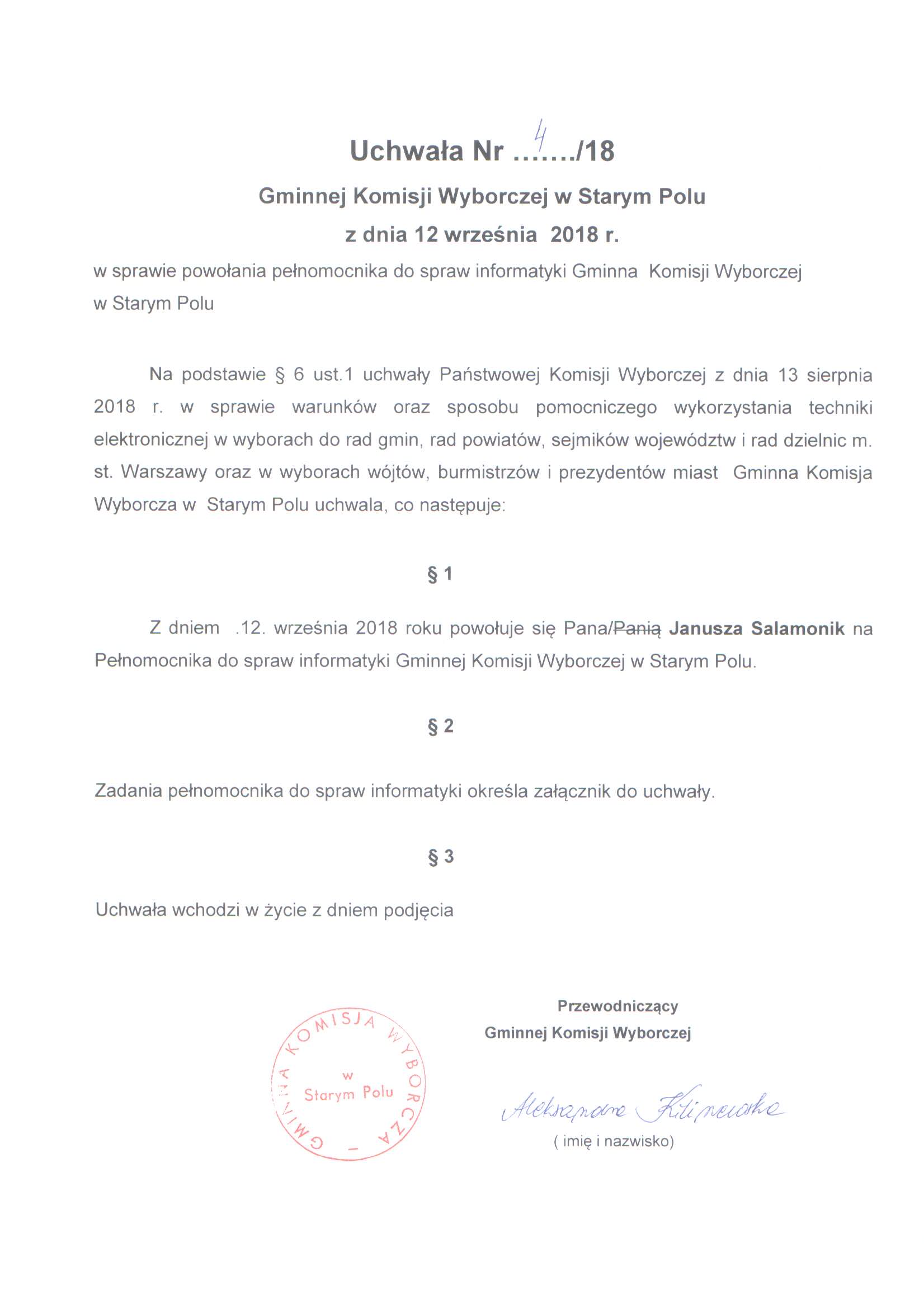 Uchwała Nr 4/2018 Gminnej Komisji Wyborczej w Starym Polu z dnia 12 września 2018 r.
