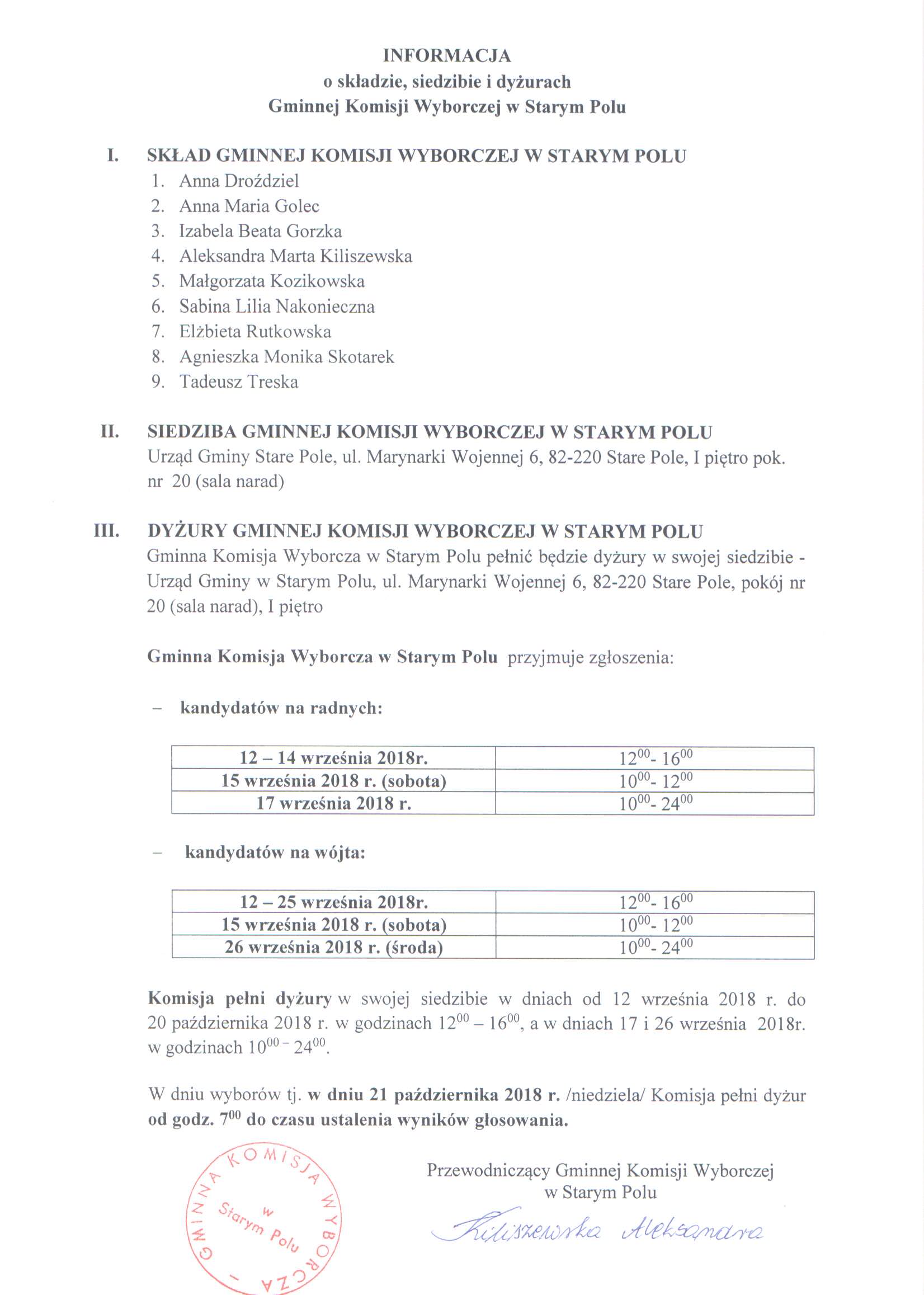 Informacja o składzie, siedzibie i dyżurach Gminnej Komisji Wyborczej w Starym Polu
