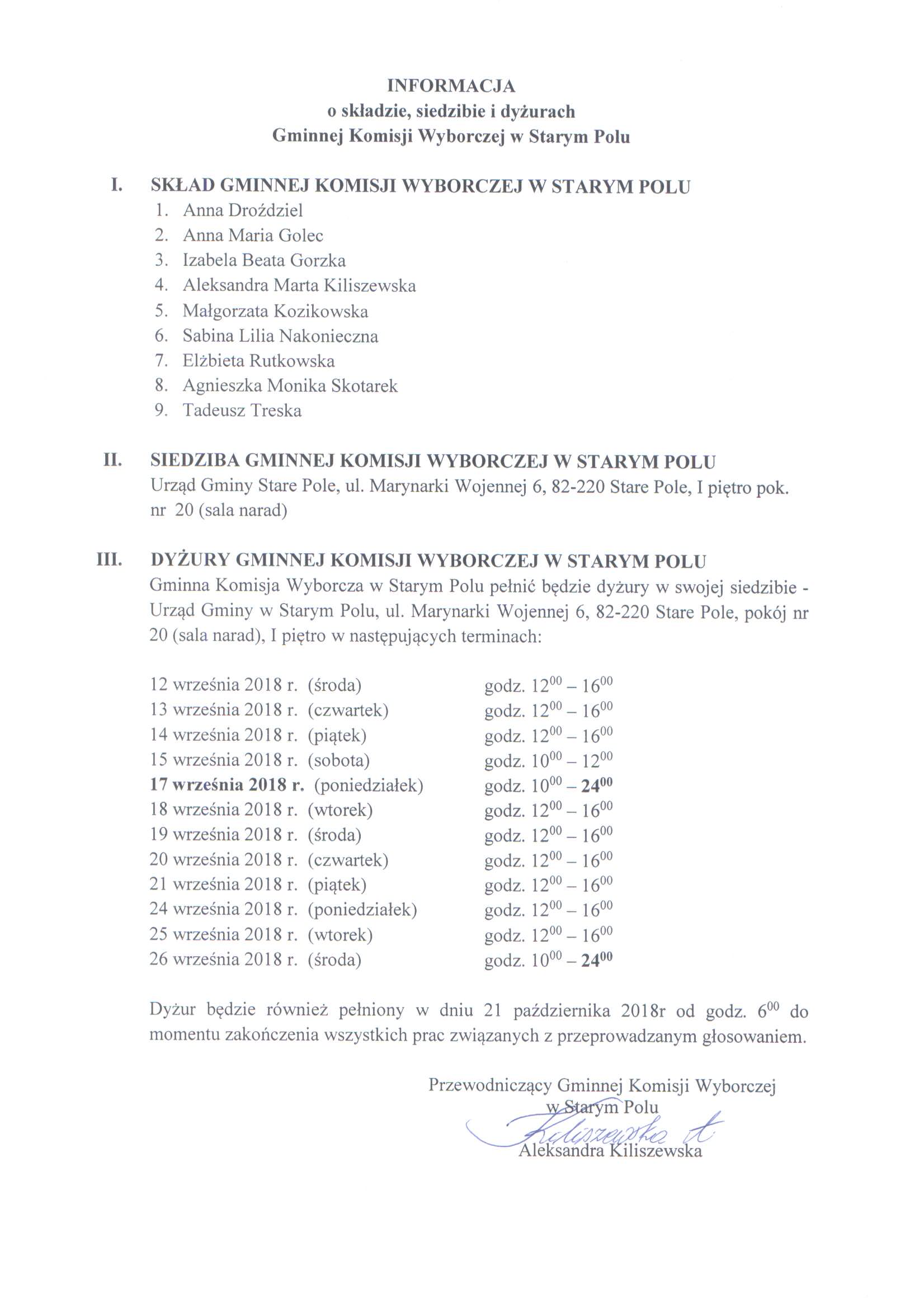 Informacja o składzie, siedzibie i dyżurach Gminnej Komisji Wyborczej w Starym Polu