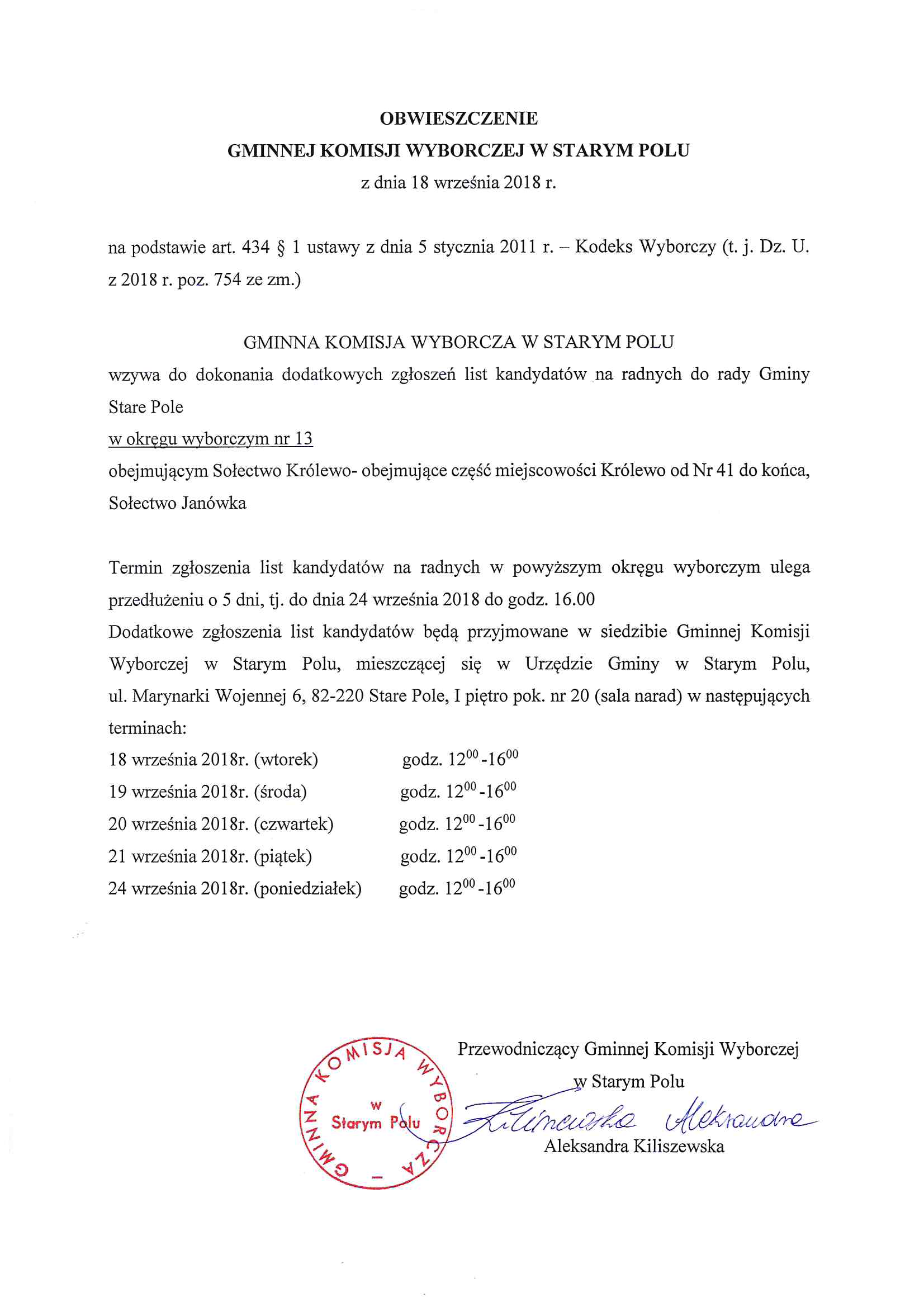 Obwieszczenie Gminnej Komisji Wyborczej w Starym Polu z dnia 18 września 2018 r.